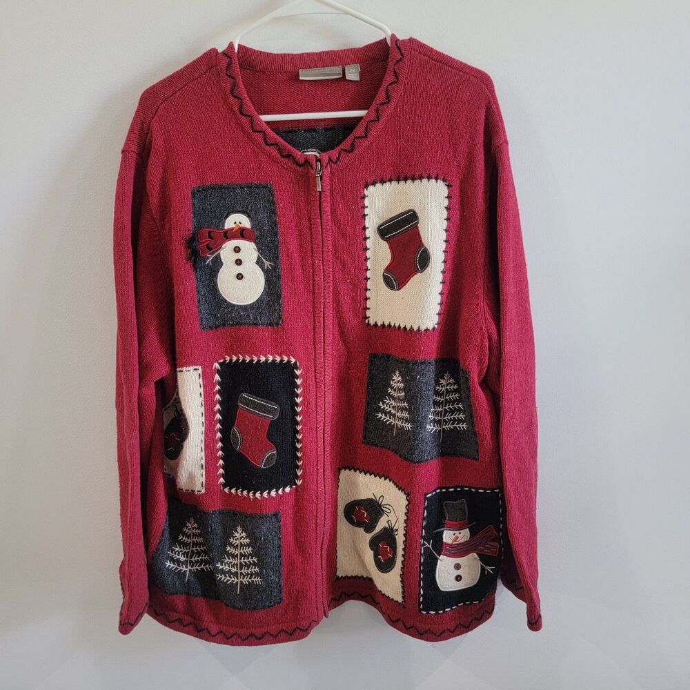 Croft And Barrow Womens Ugly Christmas Sweater Size 2X Zip Up Patchwork Snowmen